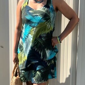 Tropical Leaf Print Sleeveless Dress